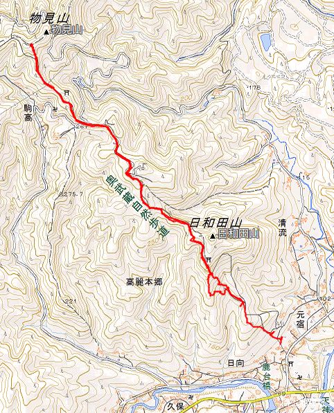 Route Map（日和田山→高指山→物見山→高指山→日和田山）