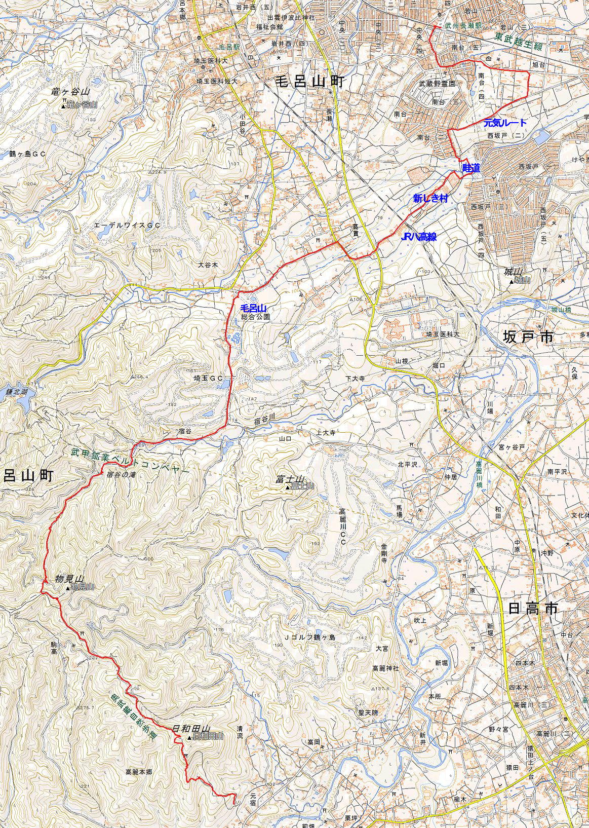 Route Map（巾着田→日和田山→物見山→宿谷の滝→毛呂山総合公園→新しき村→武州長瀬駅）