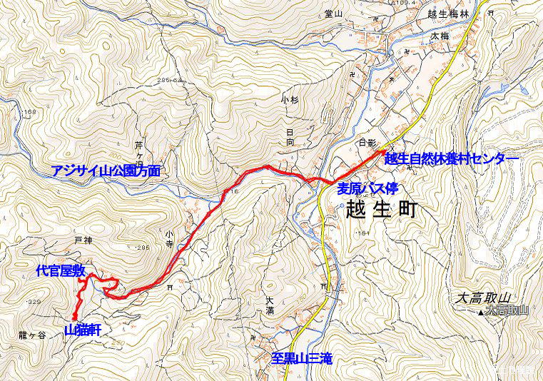 Route Map（越生自然旧村センター→麦原停留場→オクムサ・マルシェ→代官屋敷→山猫軒）